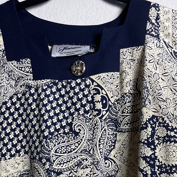 VINTAGE FLORENTINE CANADA NAVY AND IVORY FLORAL PLEATED DRESS SIZE 12 PREOWNED - Picture 3 of 7